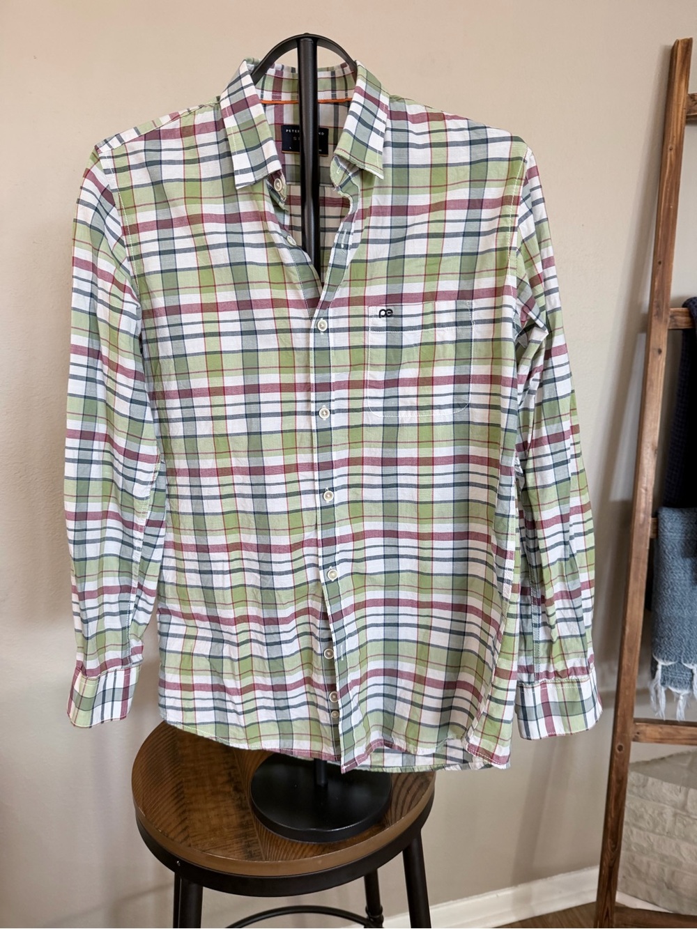 Peter England Green, White & Red Plaid Button-Down Shirt